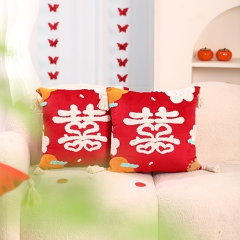 Pāris laulību spilveni ar uzrakstu Double Happiness svētku guļamistabas dekorēšanai, kokvilnas audums, kokvilnas pildījums, laulību stils