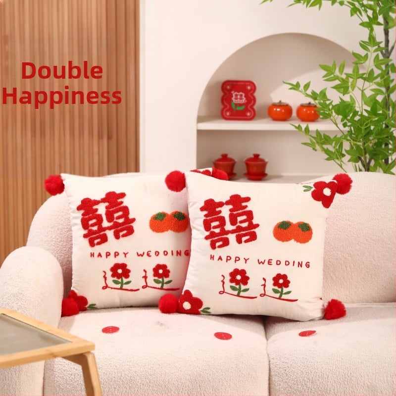Pāris laulību spilveni ar uzrakstu Double Happiness svētku guļamistabas dekorēšanai, kokvilnas audums, kokvilnas pildījums, laulību stils