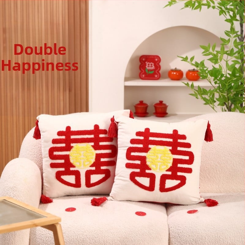 Pāris laulību spilveni ar uzrakstu Double Happiness svētku guļamistabas dekorēšanai, kokvilnas audums, kokvilnas pildījums, laulību stils