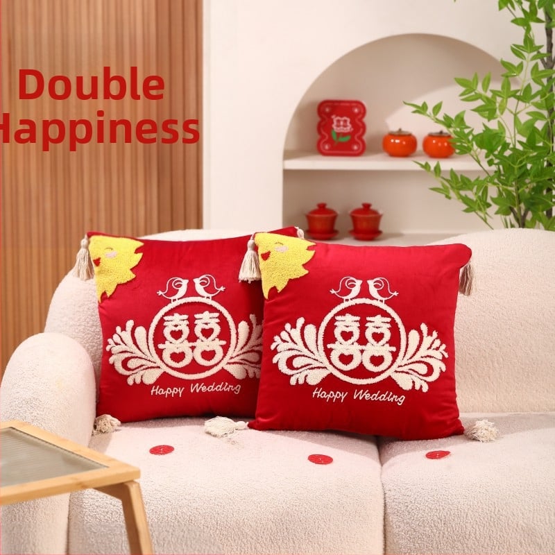 Pāris laulību spilveni ar uzrakstu Double Happiness svētku guļamistabas dekorēšanai, kokvilnas audums, kokvilnas pildījums, laulību stils