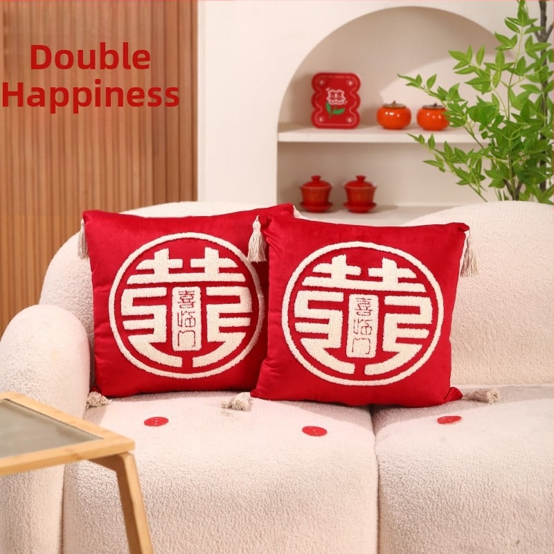 Pāris laulību spilveni ar uzrakstu Double Happiness svētku guļamistabas dekorēšanai, kokvilnas audums, kokvilnas pildījums, laulību stils