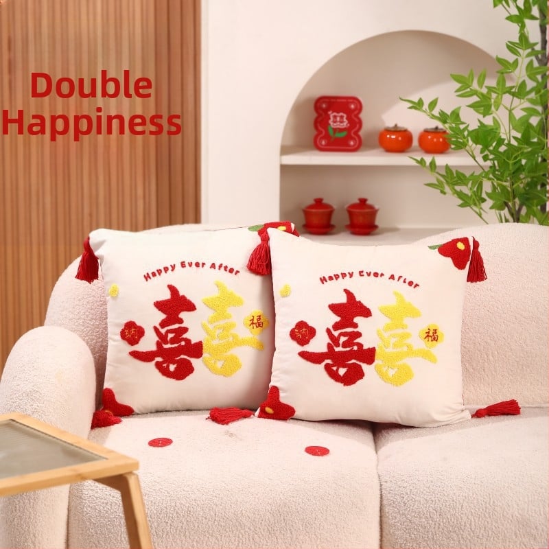 Pāris laulību spilveni ar uzrakstu Double Happiness svētku guļamistabas dekorēšanai, kokvilnas audums, kokvilnas pildījums, laulību stils