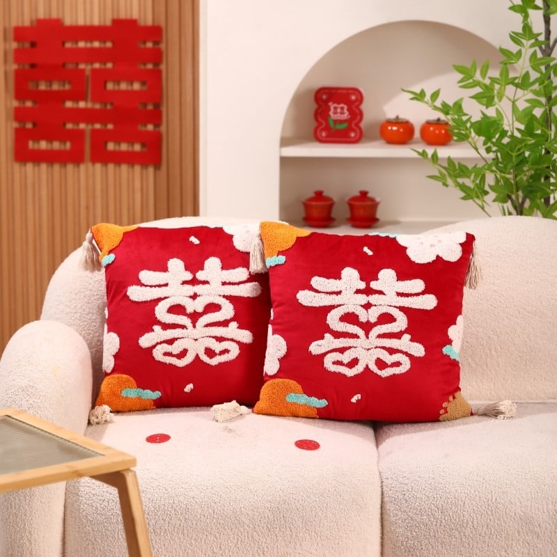 Pāris laulību spilveni ar uzrakstu Double Happiness svētku guļamistabas dekorēšanai, kokvilnas audums, kokvilnas pildījums, laulību stils