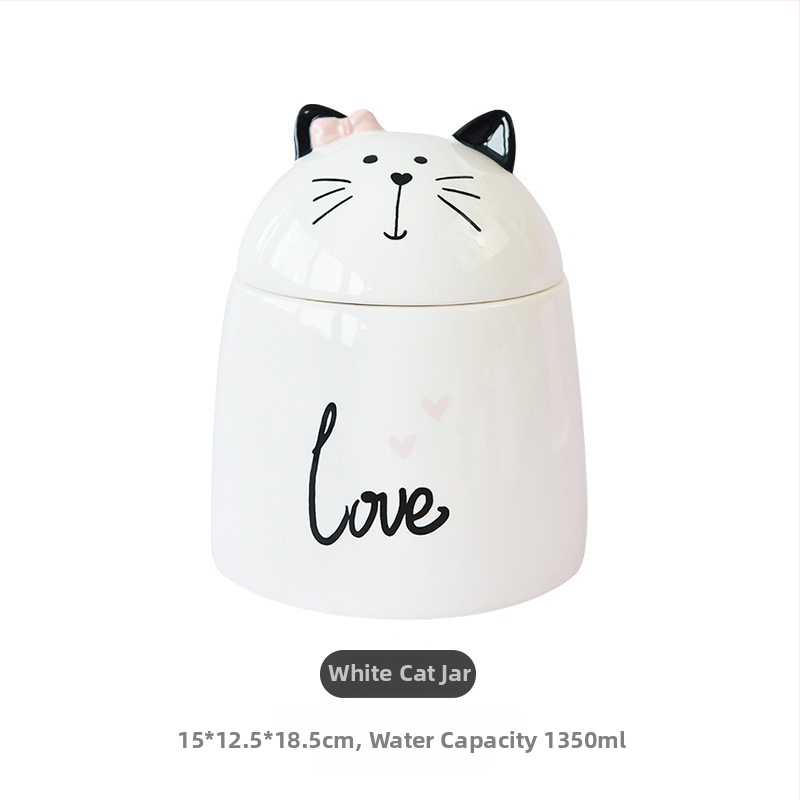 Porcelāna kaķu uzglabāšanas trauks – noslēgts, mitruma izturīgs, apaļš formāts, karikatūras raksts, moderna vienkārša stila, mikroviļņu krāsnij piemērots