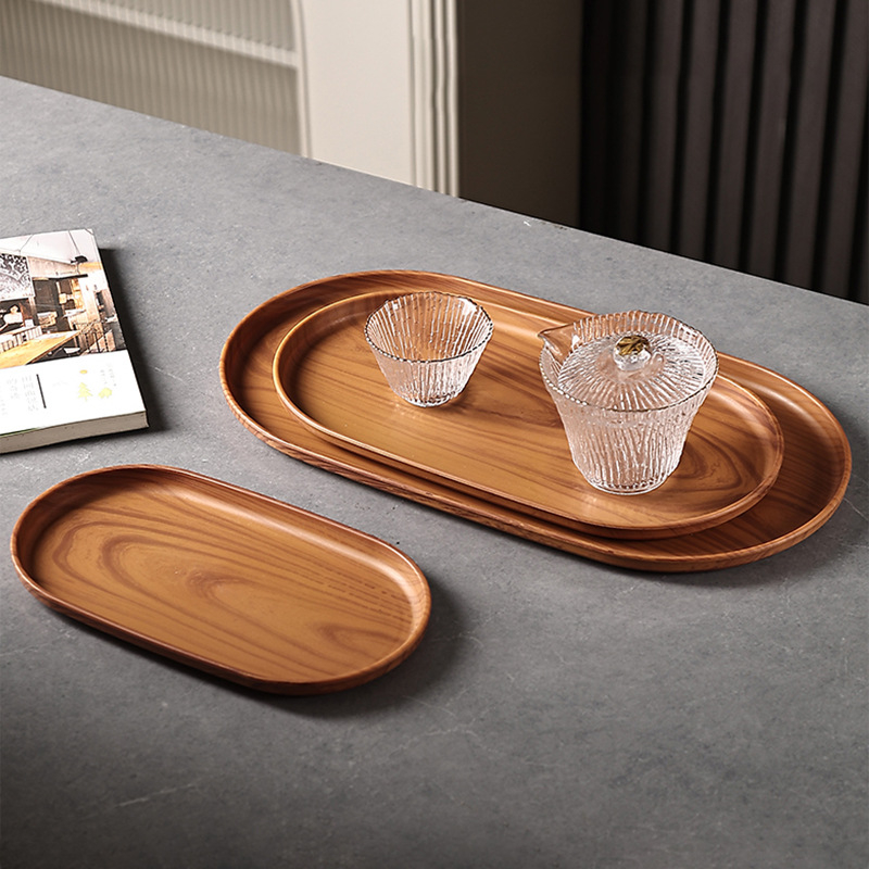 Ovāls paliktnis ar koka imitācijas rakstu, mājas lietošanai; piemērots krūzēm, rotaslietām un desertiem; materiāls PP, ķīniešu stils, logotipa personalizācija, izlaists 2023.