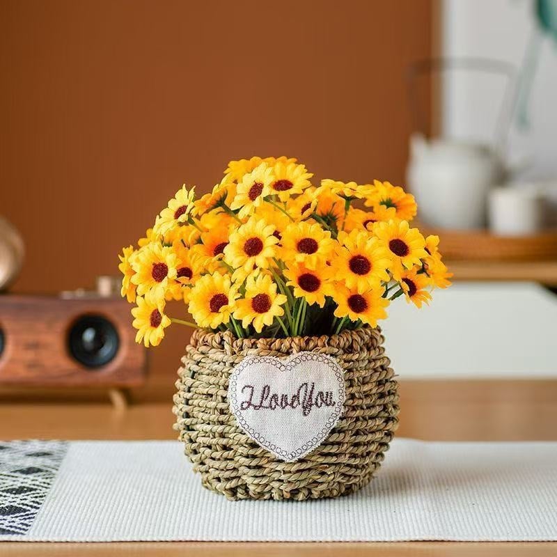 Mākslīgo saulespuķu pušķis, zīda audums, taustei draudzīga tekstūra, mājas dekoram