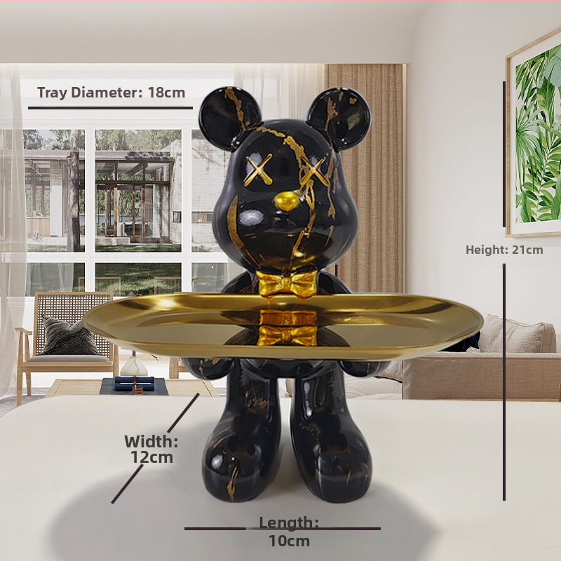 Ozdobný podnos zo živice s kresleným medveďom, štýl svetlá luxus, ručne maľovaný povrch, viacfunkčné uloženie kľúčov pre vstupnú halu a obývaciu izbu