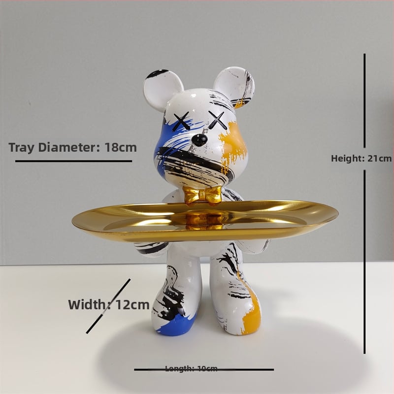 Dekoratīvs paliktnis no smolas ar karikatūras lāci, gaišā luksusa stils, roku apglezīta virsma, daudzfunkcionāla atslēgu uzglabāšana ieejai un dzīvojamajai istabai