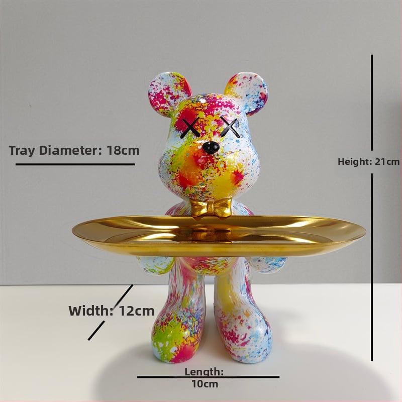 Dekoratīvs paliktnis no smolas ar karikatūras lāci, gaišā luksusa stils, roku apglezīta virsma, daudzfunkcionāla atslēgu uzglabāšana ieejai un dzīvojamajai istabai