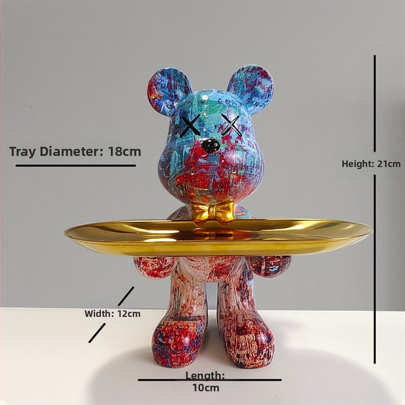 Dekoratīvs paliktnis no smolas ar karikatūras lāci, gaišā luksusa stils, roku apglezīta virsma, daudzfunkcionāla atslēgu uzglabāšana ieejai un dzīvojamajai istabai