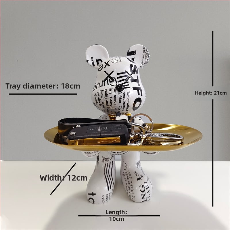 Dekoratīvs paliktnis no smolas ar karikatūras lāci, gaišā luksusa stils, roku apglezīta virsma, daudzfunkcionāla atslēgu uzglabāšana ieejai un dzīvojamajai istabai