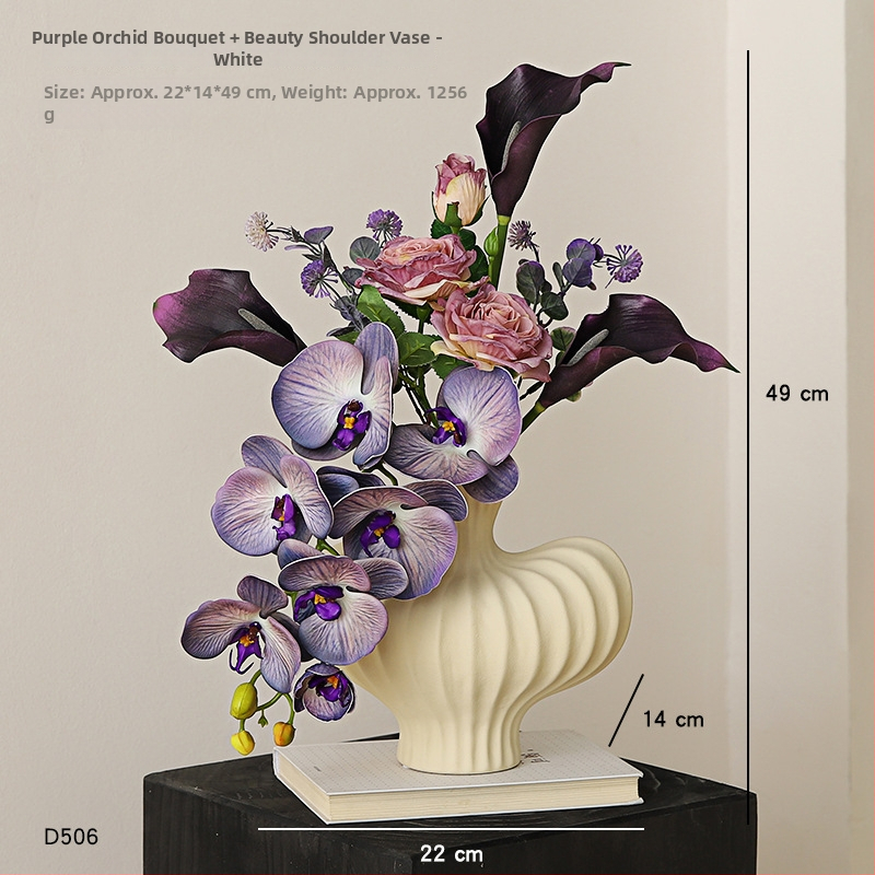 Keramikas galda vāze ar mākslīgiem ziediem — moderns minimālisma dekors dzīvojamai istabai vai ēdamistabai