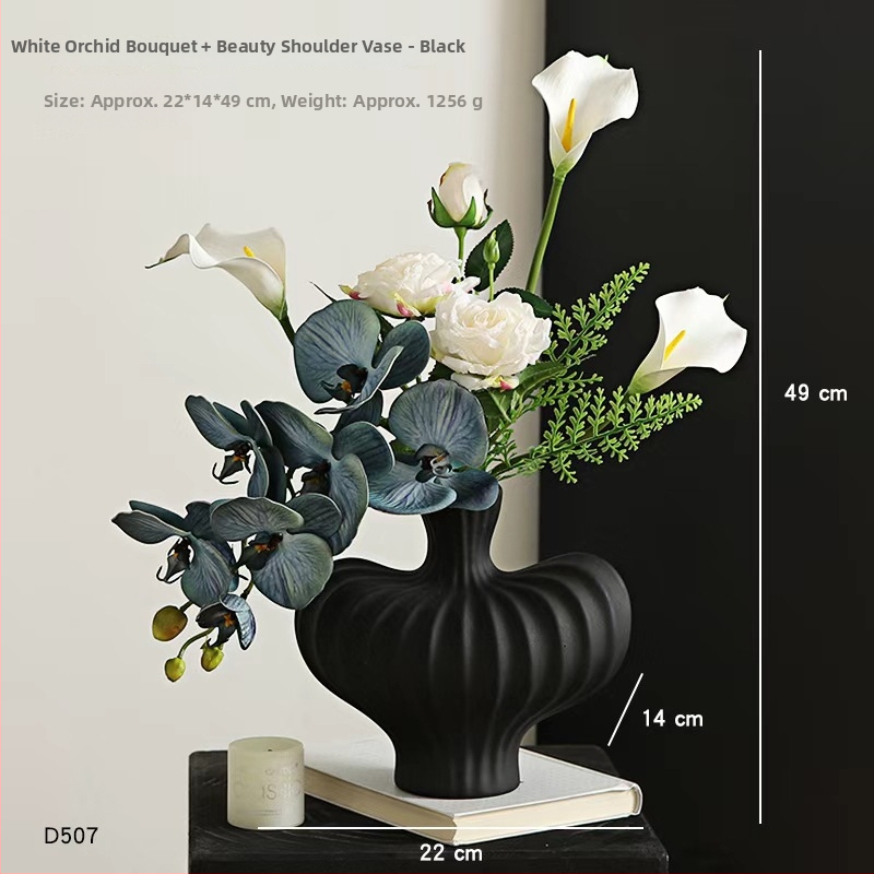 Keramikas galda vāze ar mākslīgiem ziediem — moderns minimālisma dekors dzīvojamai istabai vai ēdamistabai