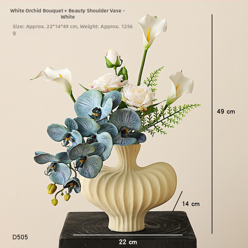 Keramikas galda vāze ar mākslīgiem ziediem — moderns minimālisma dekors dzīvojamai istabai vai ēdamistabai