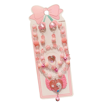 Set dječjih nakita s likom crtića — višeslojni lanac od perlica sa privjesom od legure; uključuje ogrlicu, narukvicu, prsten i naušnice