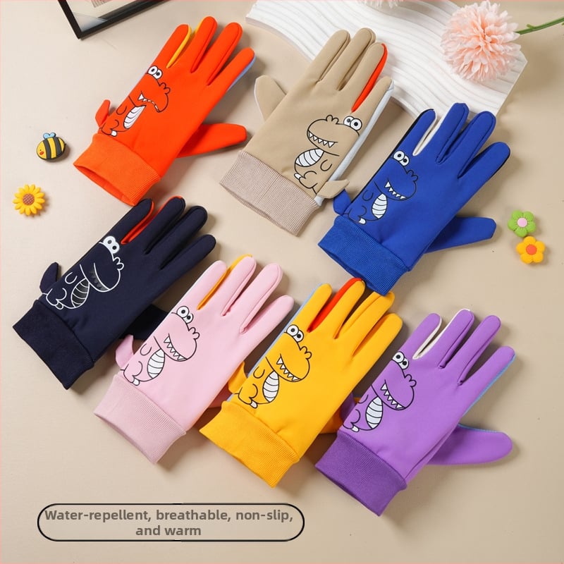 Bērnu ziemas cimdi no neilona, slēpošanai, karikatūras raksts, silti, vecums 5–10 gadi