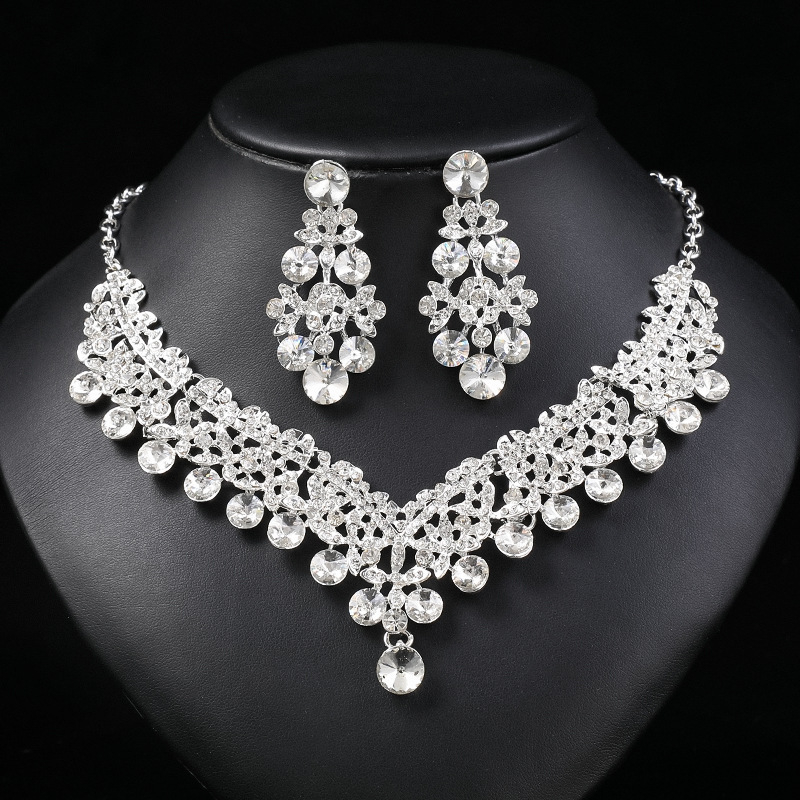 Vjenčani set: ogrlica i naušnice s Rhinestone, Water-Wave lanac, duljina 21–50 cm, težina 60 g