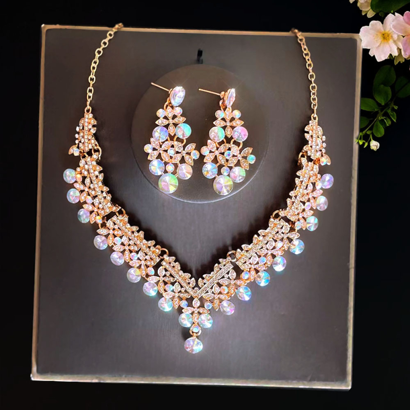 Vjenčani set: ogrlica i naušnice s Rhinestone, Water-Wave lanac, duljina 21–50 cm, težina 60 g
