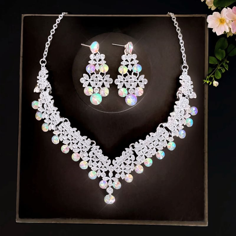 Vjenčani set: ogrlica i naušnice s Rhinestone, Water-Wave lanac, duljina 21–50 cm, težina 60 g