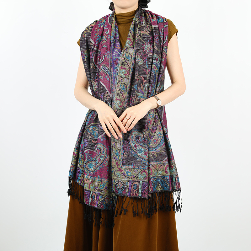 Yidongba Ženski pamukasti jacquard dugi šal s Paisley etničkim uzorkom