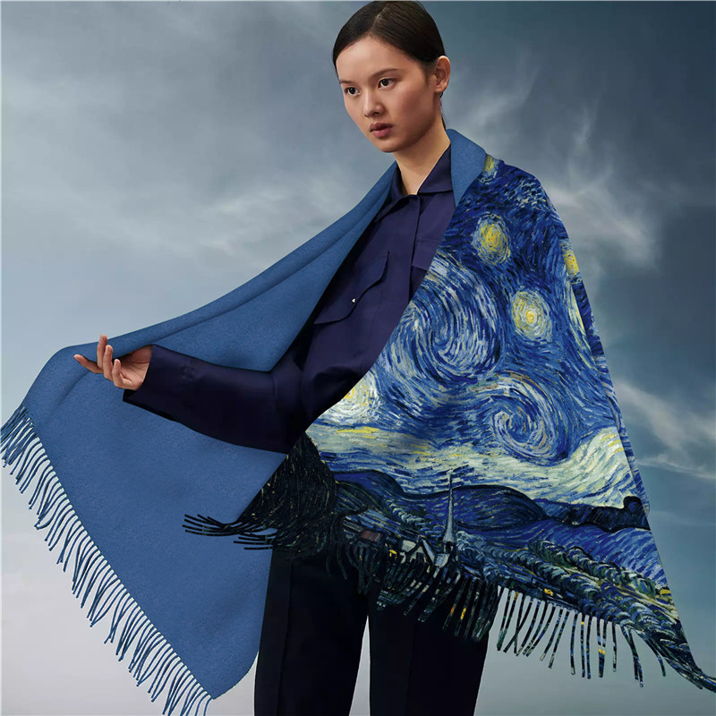 Šal od imitacijskog kašmira s otiskom Van Gogha, retro stil književnosti i umjetnosti, ravno tkanje, zimska toplina, 100% poliester