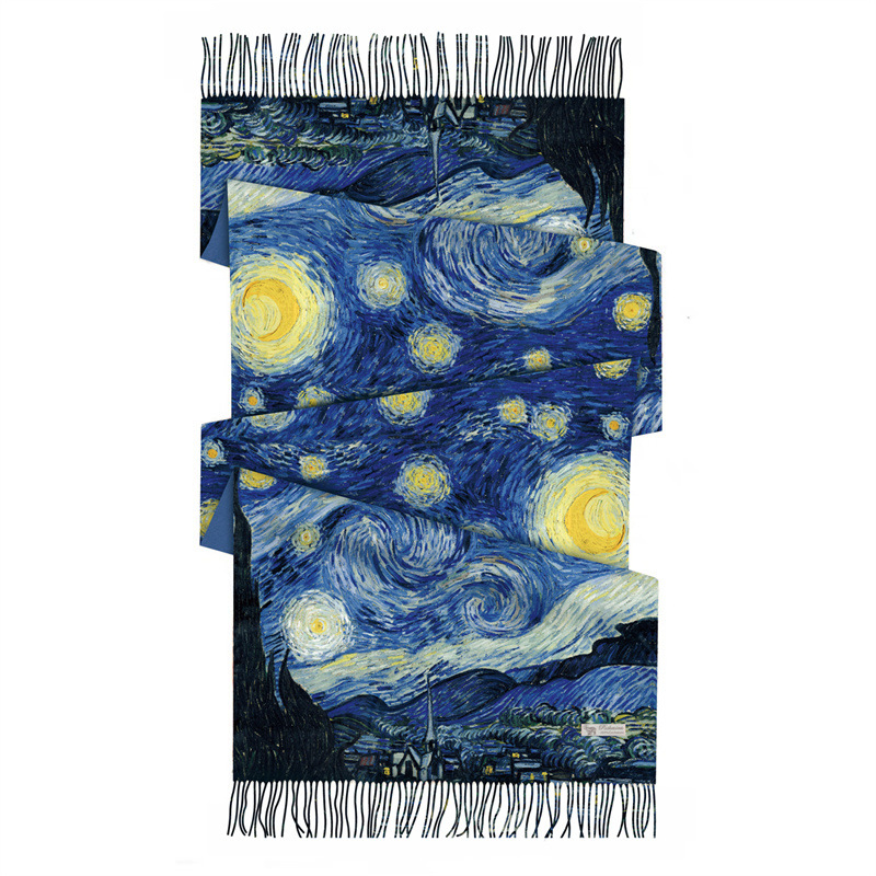 Šal od imitacijskog kašmira s otiskom Van Gogha, retro stil književnosti i umjetnosti, ravno tkanje, zimska toplina, 100% poliester