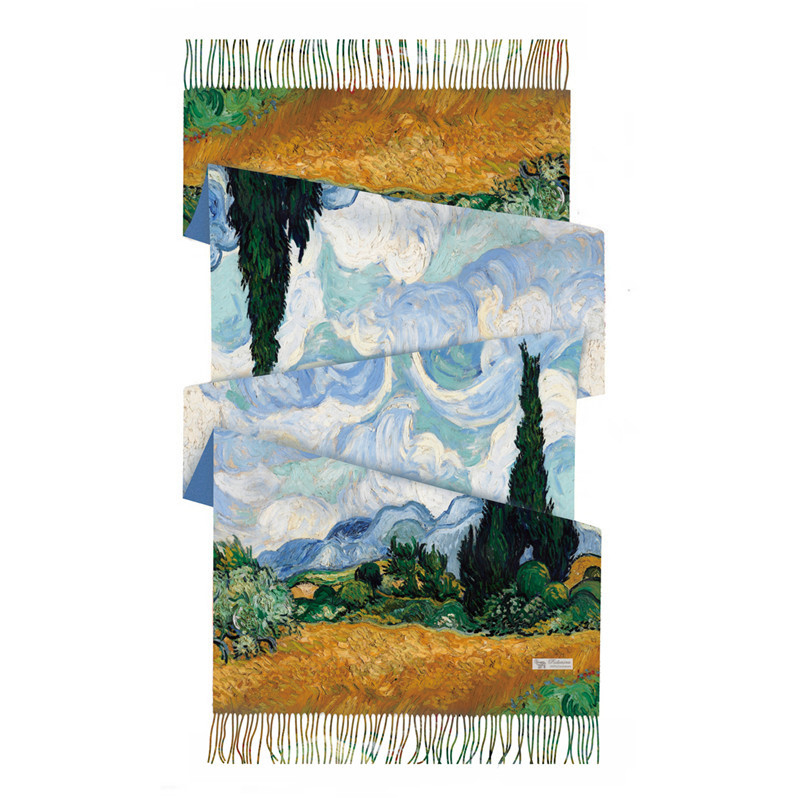 Šal od imitacijskog kašmira s otiskom Van Gogha, retro stil književnosti i umjetnosti, ravno tkanje, zimska toplina, 100% poliester