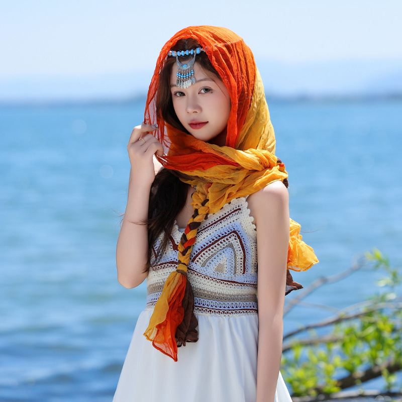 Ženski šal za glavu od pamuka i lana, četiri godišnja doba, zaštita od sunca, svestrani turbán, putni šal i elegantan šal.