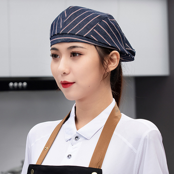 Unisex denim beret za kuhinju, kafiće i restorane – mrežasta kapa kuhara s ušivenim logom