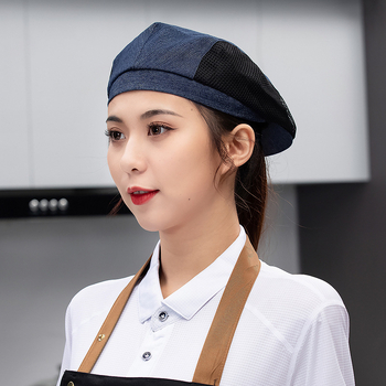 Unisex denim beret za kuhinju, kafiće i restorane – mrežasta kapa kuhara s ušivenim logom