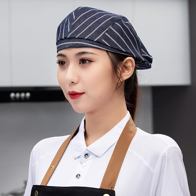 Unisex denim beret za kuhinju, kafiće i restorane – mrežasta kapa kuhara s ušivenim logom