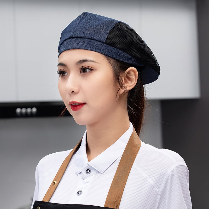 Unisex denim beret za kuhinju, kafiće i restorane – mrežasta kapa kuhara s ušivenim logom