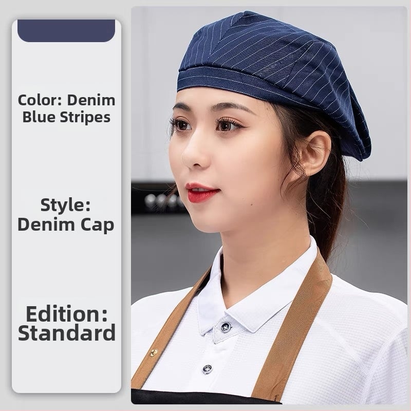 Unisex denim beret za kuhinju, kafiće i restorane – mrežasta kapa kuhara s ušivenim logom
