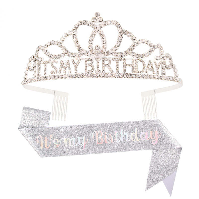 Metalna traka za kosu sa kristalima, tekstom 'It's My Birthday' — unisex rođendanska kruna za glavu