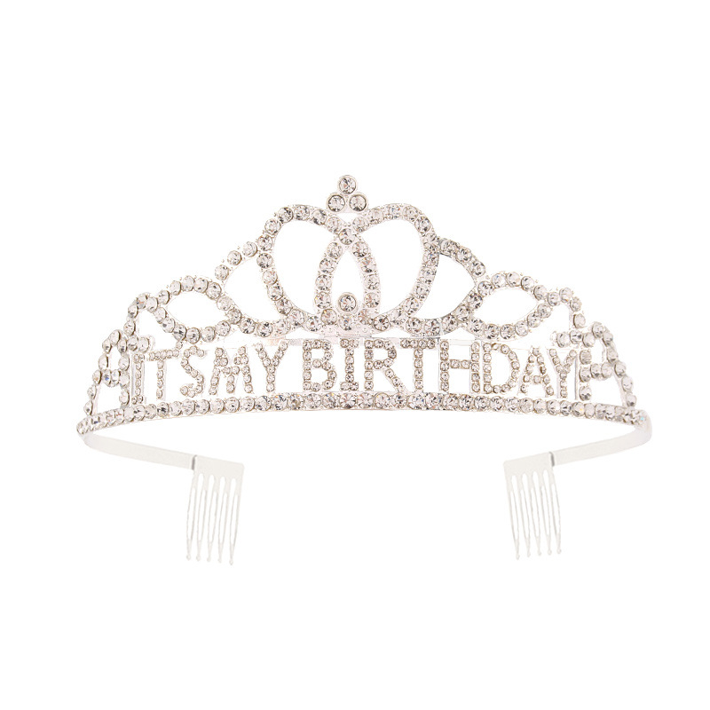 Metalna traka za kosu sa kristalima, tekstom 'It's My Birthday' — unisex rođendanska kruna za glavu