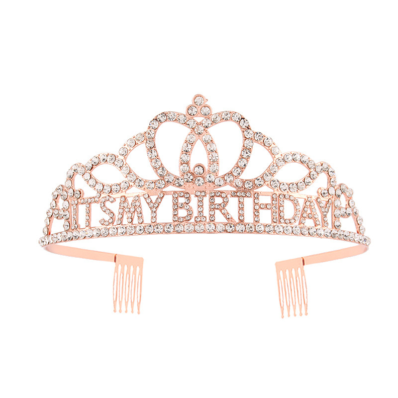 Metalna traka za kosu sa kristalima, tekstom 'It's My Birthday' — unisex rođendanska kruna za glavu