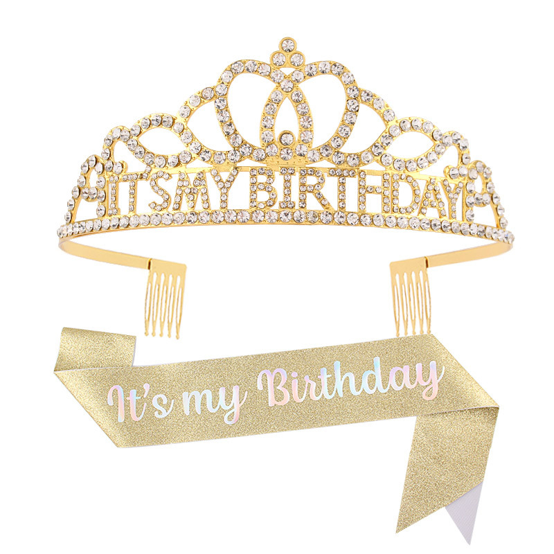 Metalna traka za kosu sa kristalima, tekstom 'It's My Birthday' — unisex rođendanska kruna za glavu