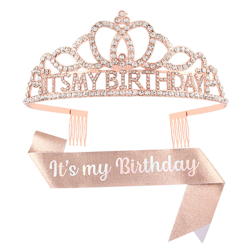 Metalna traka za kosu sa kristalima, tekstom 'It's My Birthday' — unisex rođendanska kruna za glavu