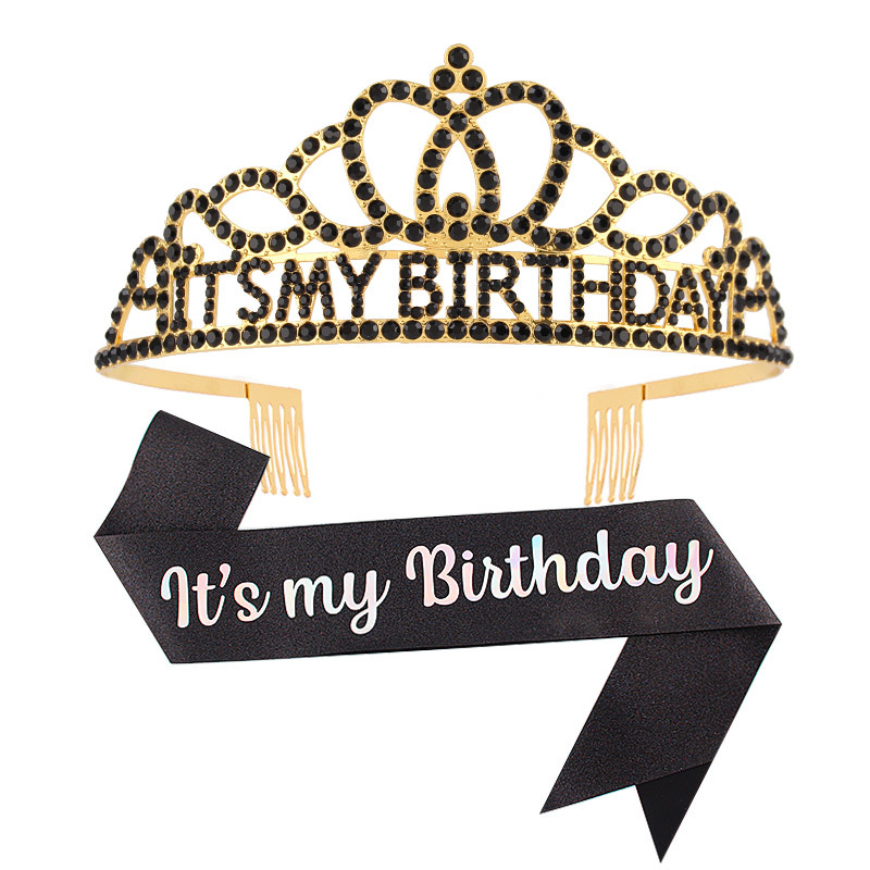 Metalna traka za kosu sa kristalima, tekstom 'It's My Birthday' — unisex rođendanska kruna za glavu