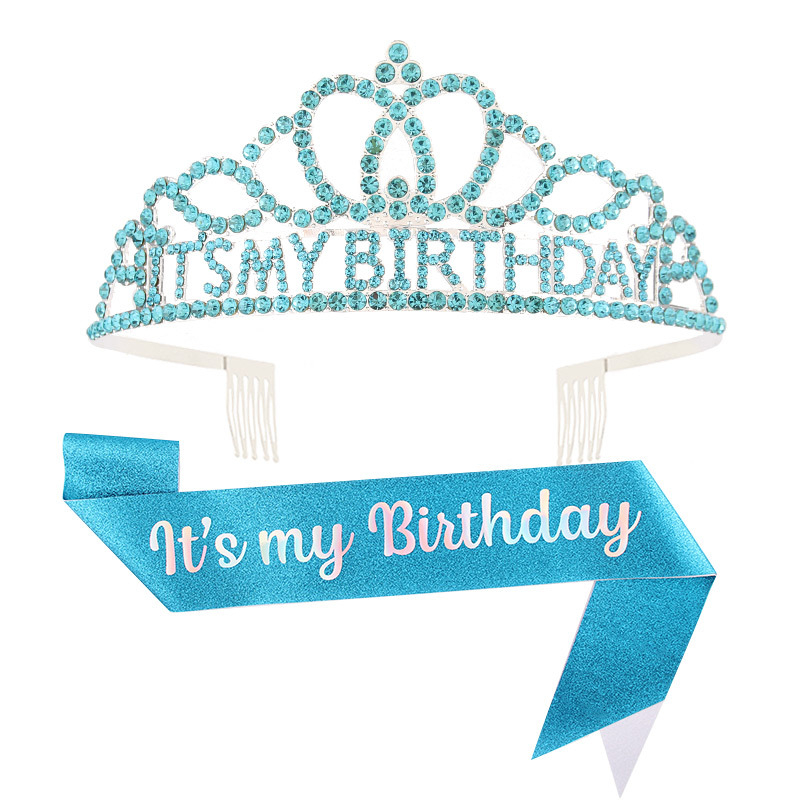 Metalna traka za kosu sa kristalima, tekstom 'It's My Birthday' — unisex rođendanska kruna za glavu