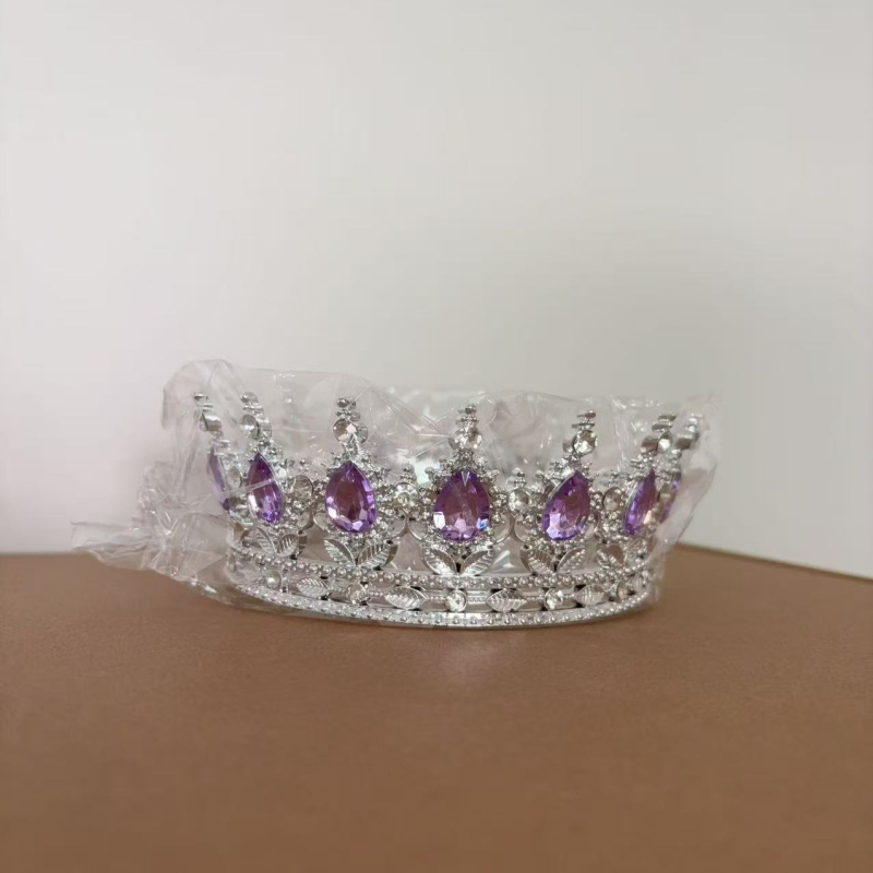 Barokna plastična kruna tiara za žene s ametistnim kristalima, dizajn kapljice vode, 18k elektroplatiranje