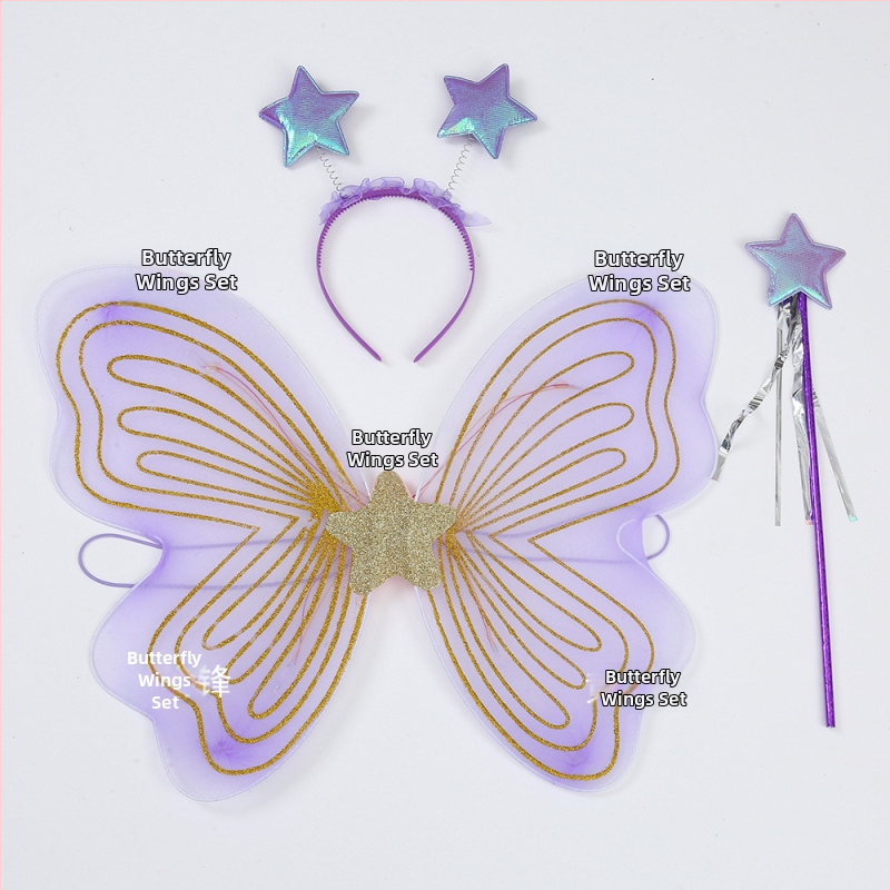 Tauriņu spārnu kostīmu spārni bērnu izrādēm, salocāmi eņģeļu spārni, spīdīgs apdare, triju daļu komplekts elf spārniem
