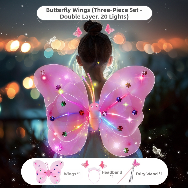 Világító angyali pillangó szárnyak, tündérpálca és hátsó kiegészítő – műanyag játék 0–3 éveseknek
