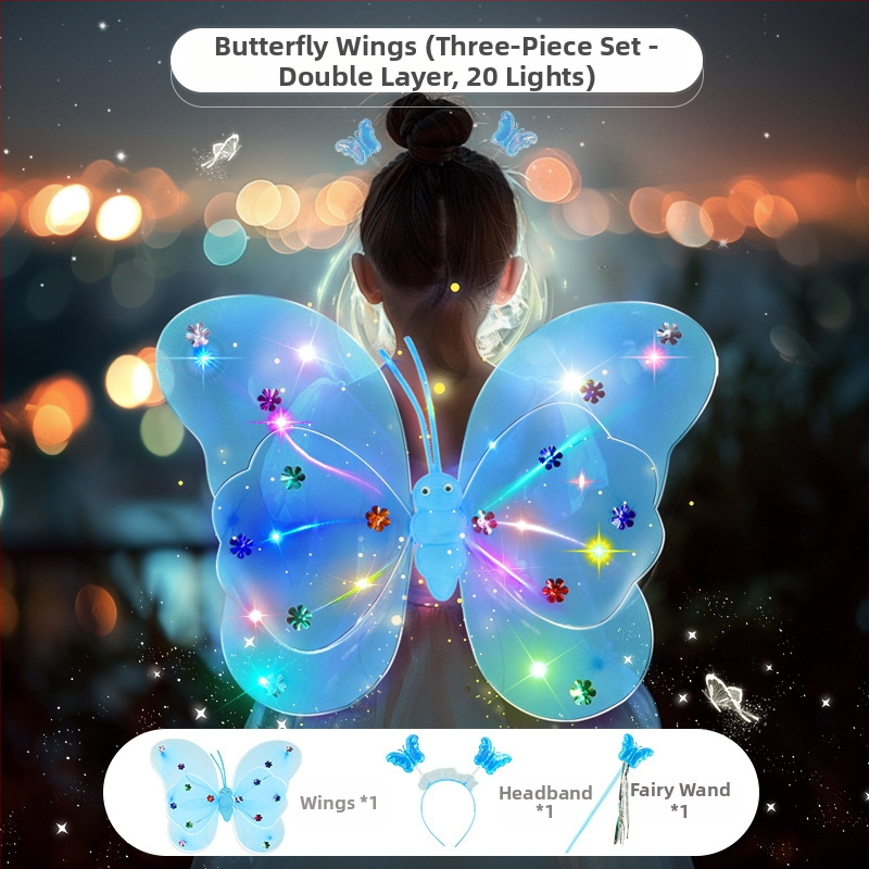Világító angyali pillangó szárnyak, tündérpálca és hátsó kiegészítő – műanyag játék 0–3 éveseknek