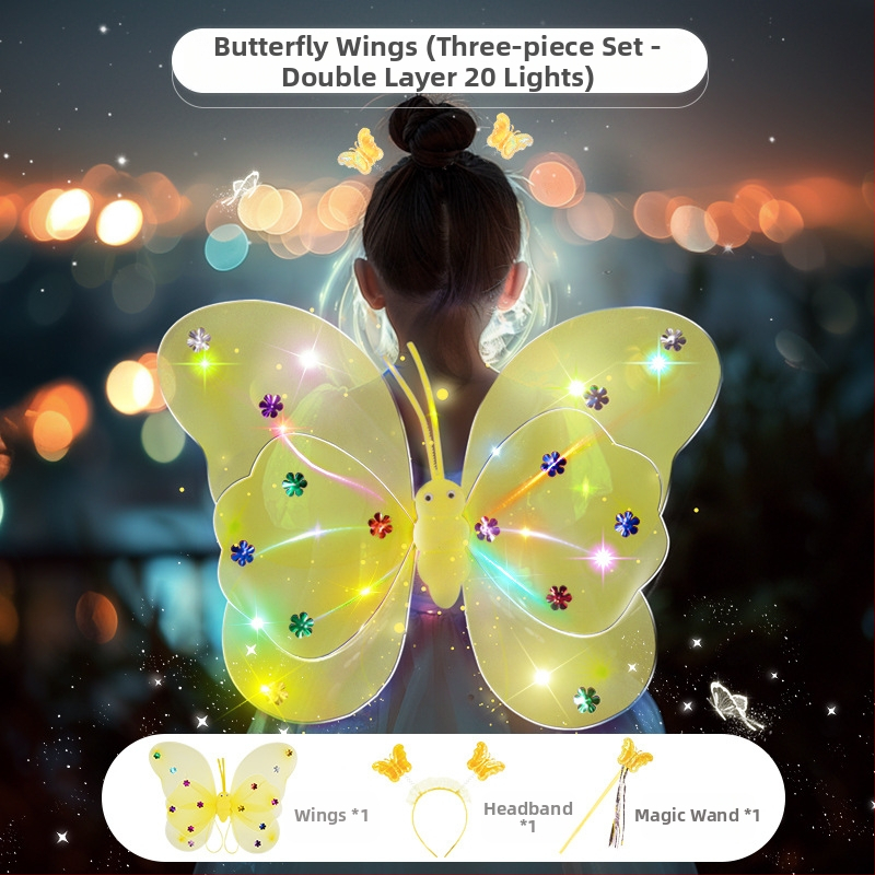 Világító angyali pillangó szárnyak, tündérpálca és hátsó kiegészítő – műanyag játék 0–3 éveseknek