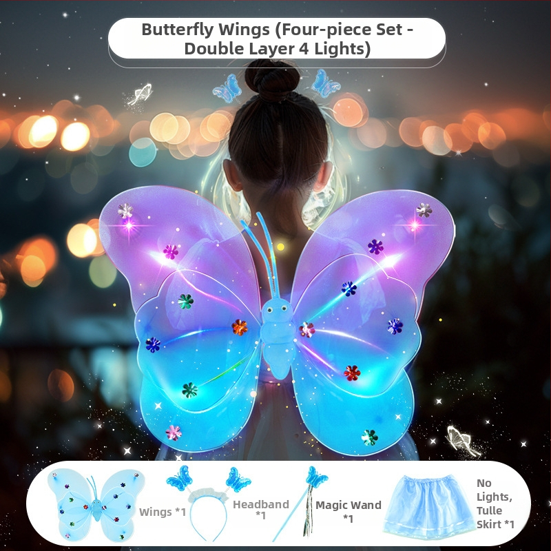 Világító angyali pillangó szárnyak, tündérpálca és hátsó kiegészítő – műanyag játék 0–3 éveseknek