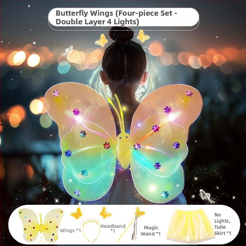 Világító angyali pillangó szárnyak, tündérpálca és hátsó kiegészítő – műanyag játék 0–3 éveseknek