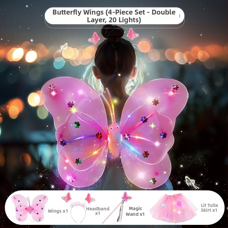 Világító angyali pillangó szárnyak, tündérpálca és hátsó kiegészítő – műanyag játék 0–3 éveseknek