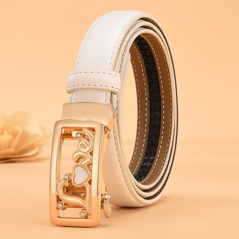 Sieviešu ādas josta ar automātisku sprādzi, divslāņaina liellopa āda, sakausējums sprādze, vienkrāsains raksts