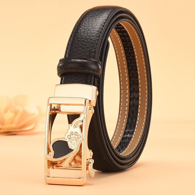 Sieviešu ādas josta ar automātisku sprādzi, divslāņaina liellopa āda, sakausējums sprādze, vienkrāsains raksts